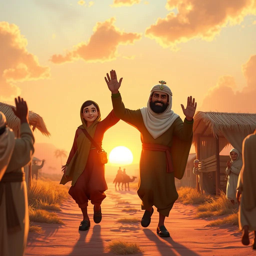 Image of Colonel Abu Sundus and friends happily returning to their village, waving at villagers, sunset in the background, warm golden light, joyful reunion, heartwarming atmosphere, high quality