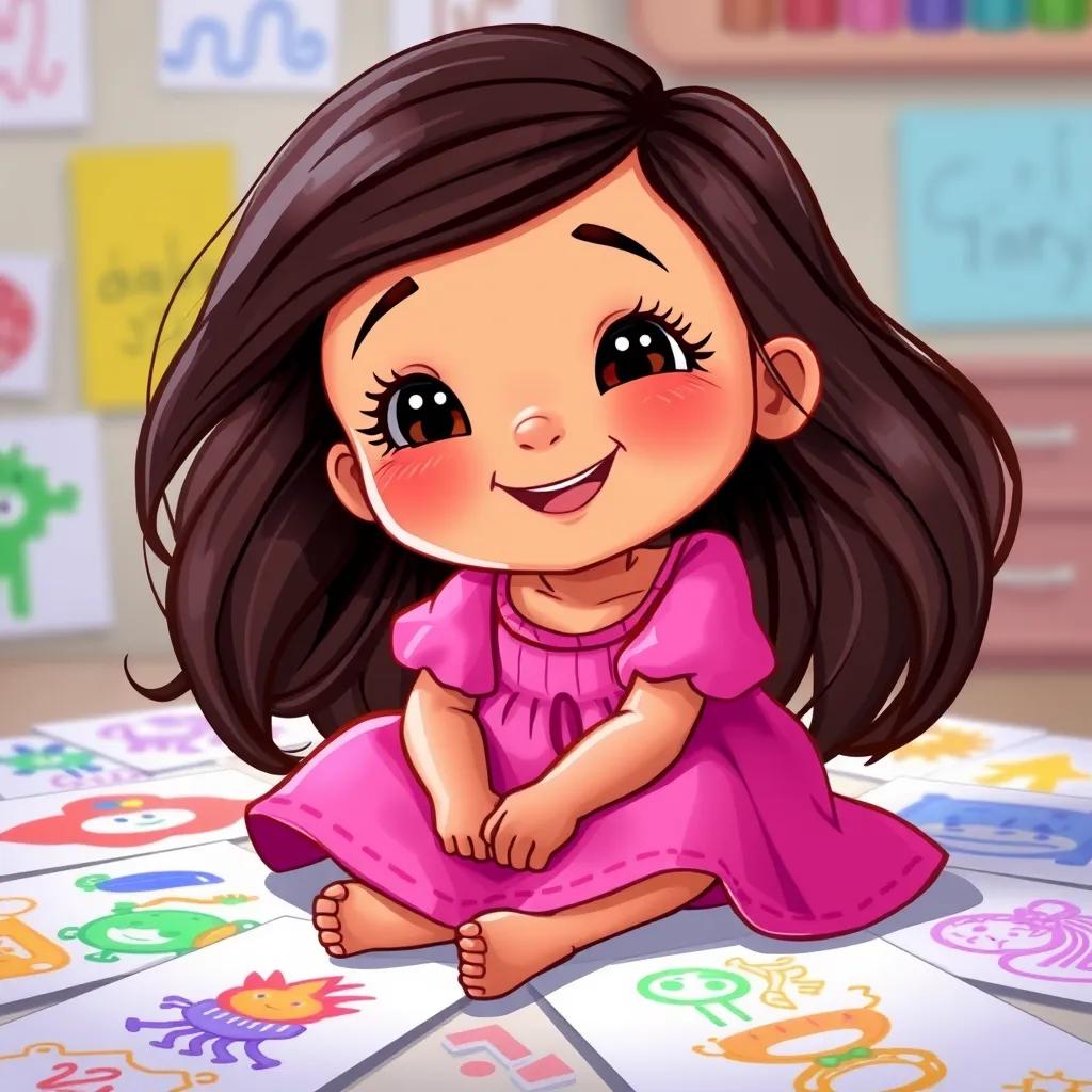 Image of A young Arab girl, Leila, with long, dark hair, wearing a bright pink dress, sitting on the floor surrounded by colorful drawings, smiling with joy, digital art, cheerful, cozy lighting, vibrant colors, high quality