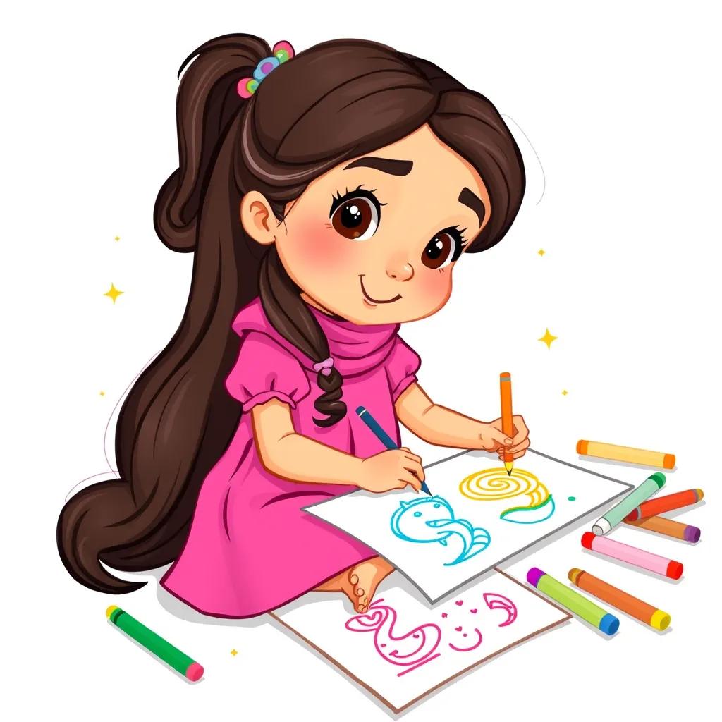 Image of Leila, a young Arab girl, with long, dark hair in a bright pink dress, creating beautiful drawings, colorful markers scattered around her, illustration, playful, arts and crafts theme, child-friendly