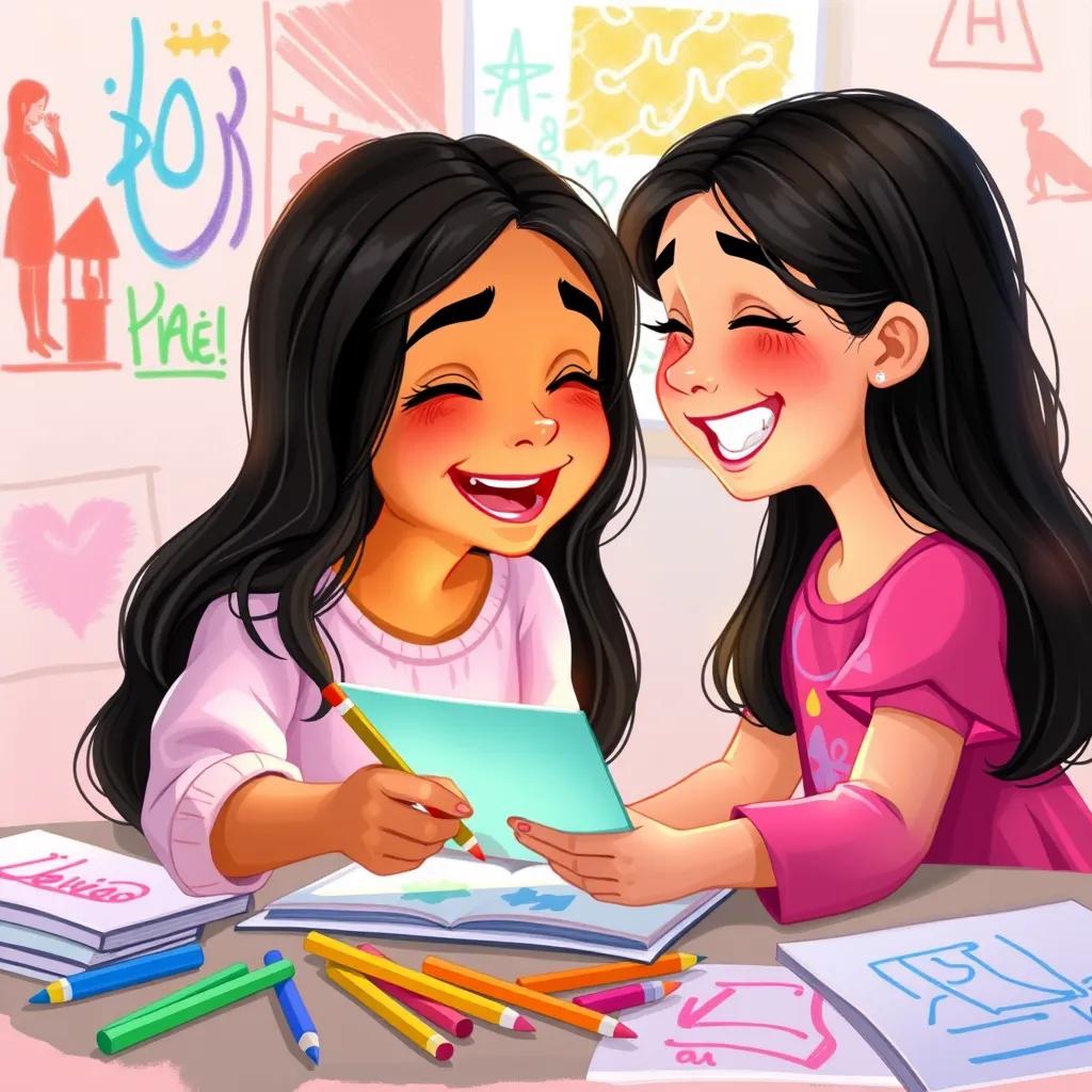 Image of Leila, a young Arab girl, with long, dark hair in a bright pink dress, happily drawing with her friend Mariam, both of them laughing, surrounded by colorful sketches, digital painting, warm colors, friendship atmosphere