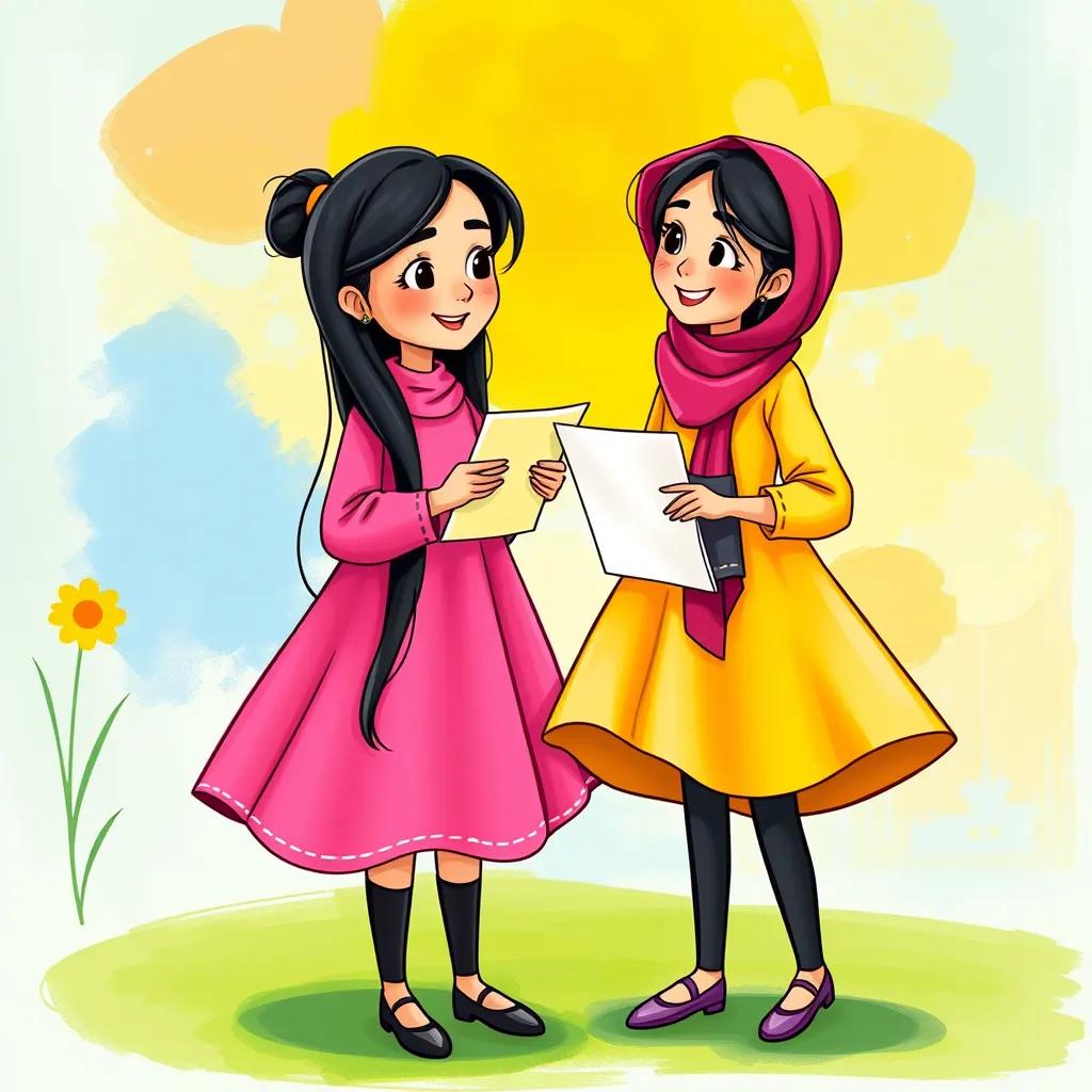 Image of Leila and Mariam, both young Arab girls, with long dark hair, one in a bright pink dress and the other in a sunny yellow dress, showing each other their drawings, colorful background, joyful scene, happy vibe, high quality