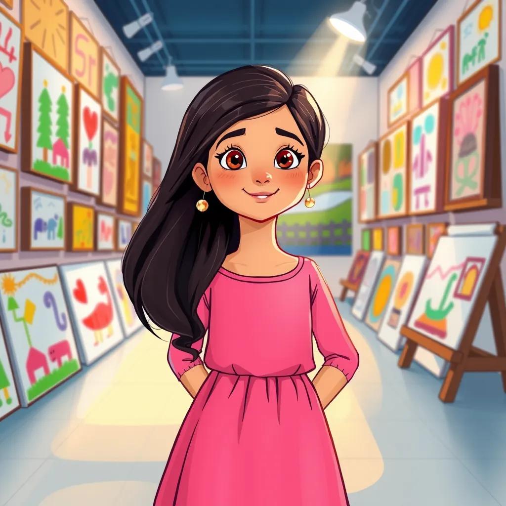 Image of Leila, a young Arab girl, with long, dark hair in a bright pink dress, standing proudly in an art gallery filled with colorful drawings made by her and Mariam, bright lights, inspiring atmosphere, vibrant colors, child-friendly