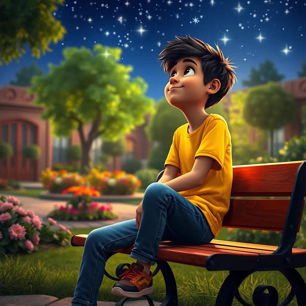 Image of A young Arab boy, Ali, with short black hair wearing a yellow t-shirt and jeans, sitting on a bench in a school garden, looking up at the bright stars in the night sky, digital art, vibrant colors, dreamy atmosphere, high quality