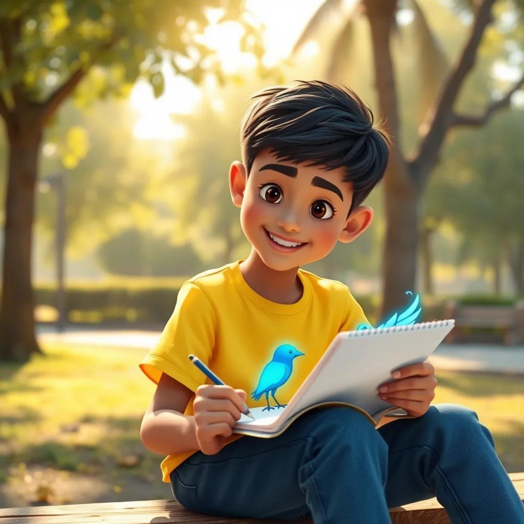 Image of Ali, a young Arab boy, with short black hair wearing a yellow t-shirt and jeans, sitting in a park, sketching a bright blue glowing bird in his notebook, cheerful, child-friendly, bright sunlight, high quality