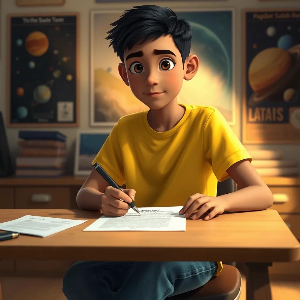 Image of Ali, a young Arab boy, with short black hair wearing a yellow t-shirt and jeans, writing a letter at his desk, surrounded by space posters, determination on his face, warm light, inspiring atmosphere, high quality