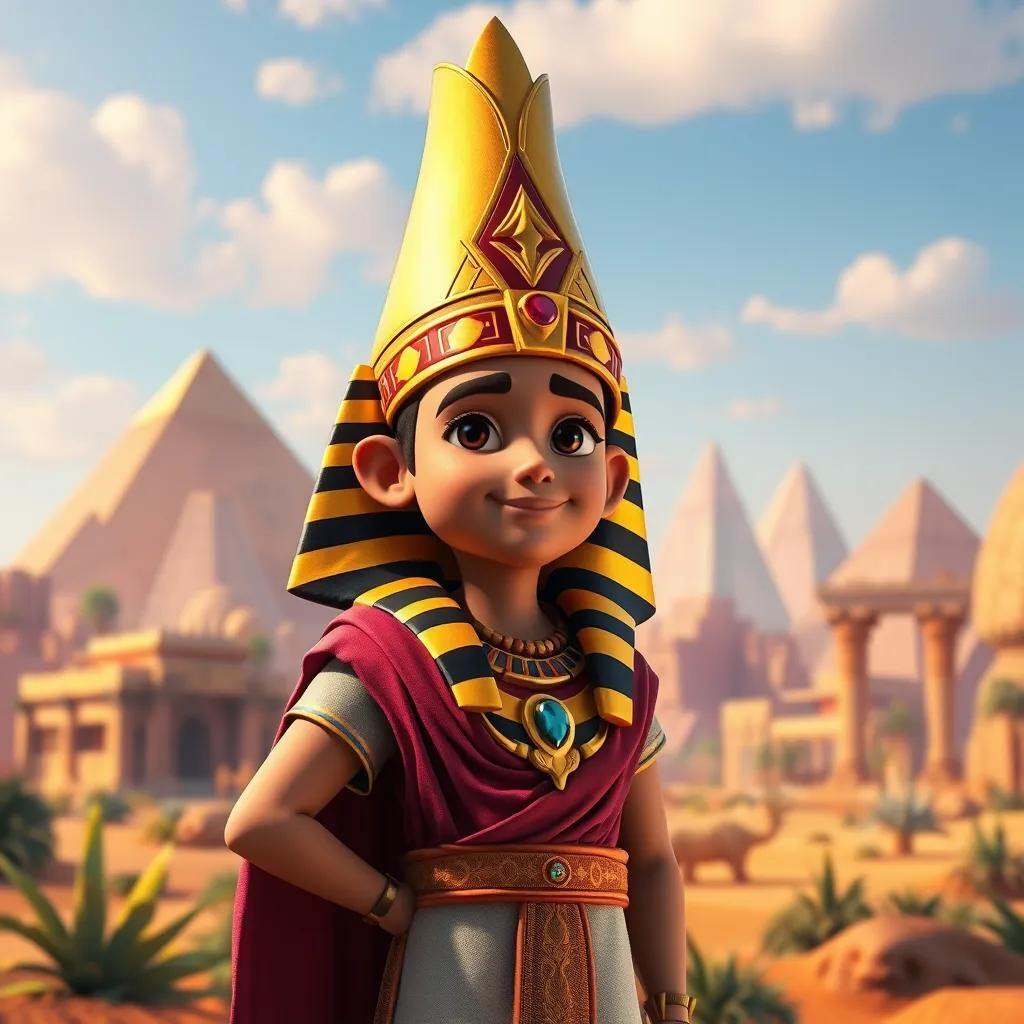 Image of A wise young king, Horemheb, wearing a golden pharaoh headdress and traditional Egyptian robes, standing confidently in a vibrant and colorful ancient Egyptian landscape, digital art, rich colors, cheerful atmosphere, high quality