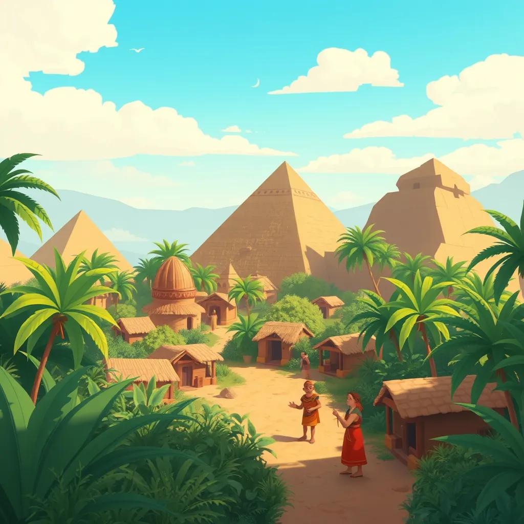 Image of A small village in ancient Egypt surrounded by lush greenery, with villagers looking worried and hopeful, a clear blue sky above, illustration, warm tones, inviting scene, child-friendly