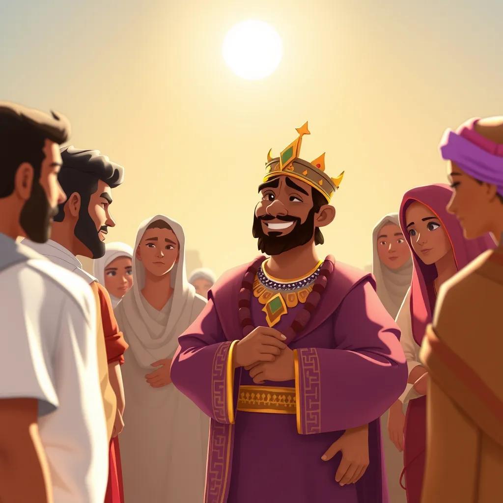 Image of King Horemheb comforting villagers with a warm smile, wearing his royal attire, standing among men and women in traditional clothes, bright sun shining down, illustration, friendly and caring, high quality