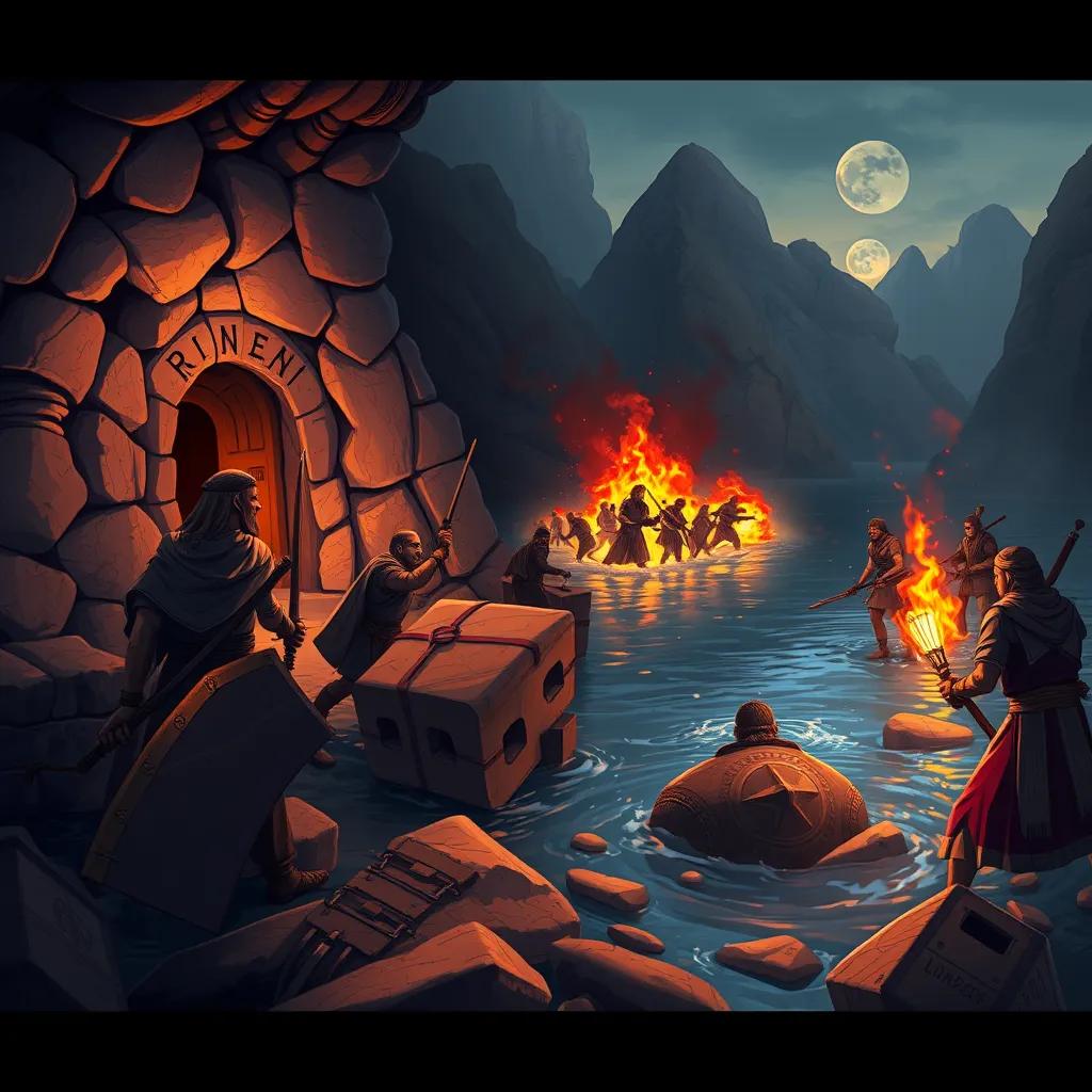 Image of A secret hideout by the river, with bandits and Egyptian king's soldiers clashing, depicting bravery and action, dramatic colors, exciting scene, adventurous illustration, high quality