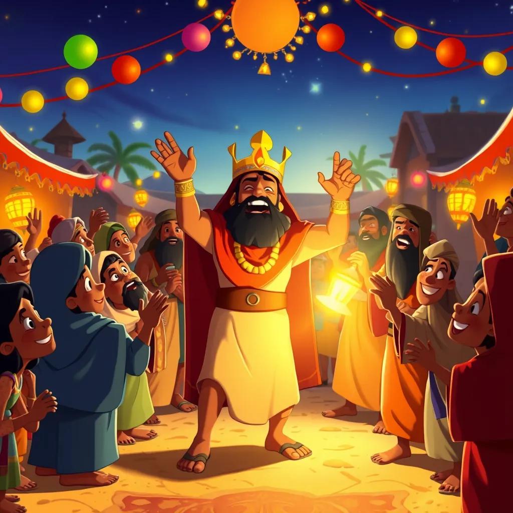 Image of The villagers rejoicing as King Horemheb returns triumphantly with stolen goods in his hands, bright decorations and joyful faces all around, colorful, festive atmosphere, heartwarming scene, high quality