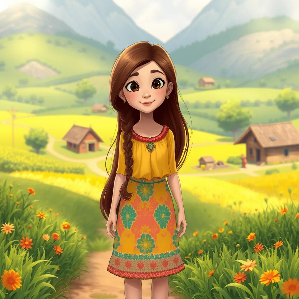 Image of A beautiful girl, Ikrim, with long brown hair, wearing a colorful dress, standing in a small village surrounded by green fields, illustration, warm colors, cheerful atmosphere, high quality