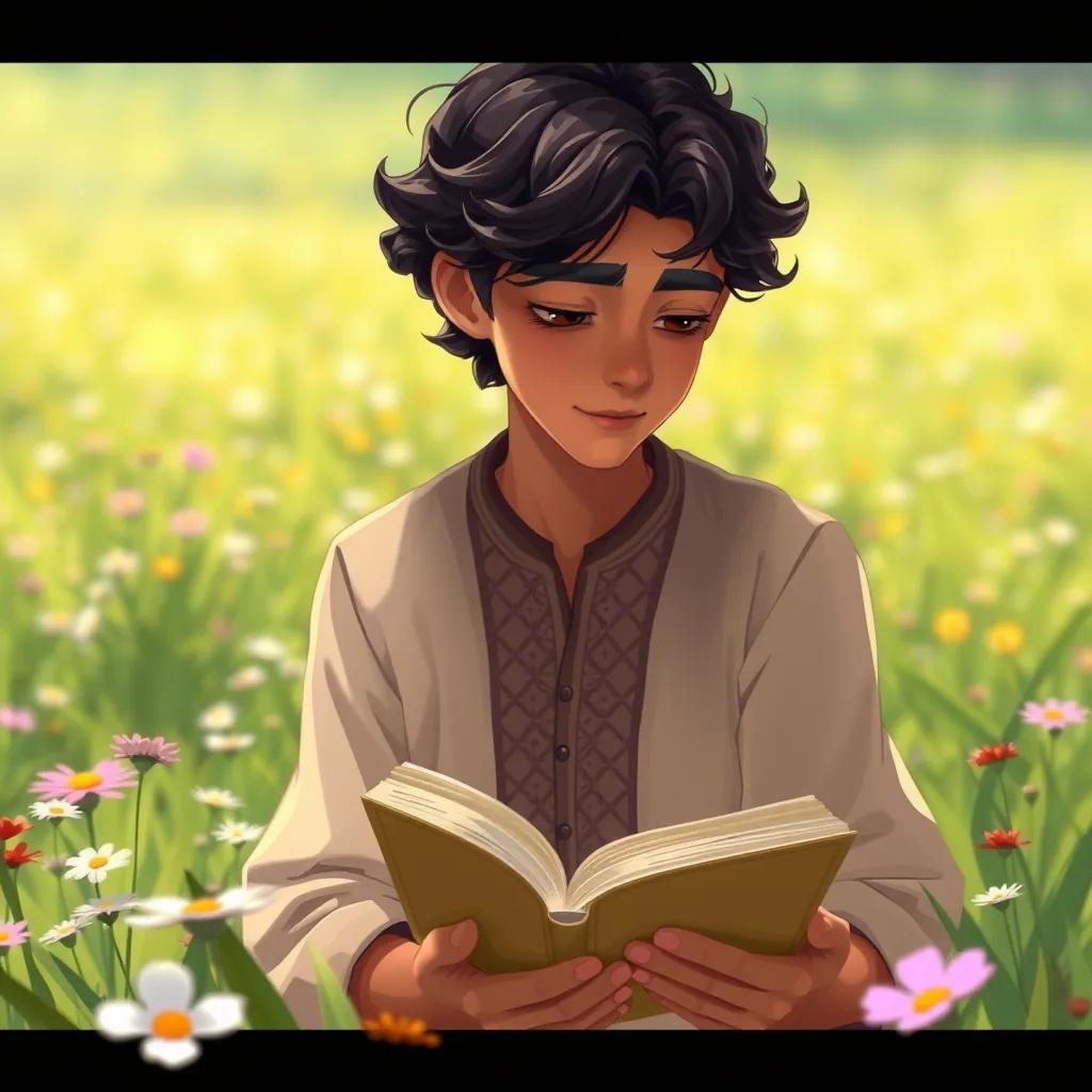 Image of A handsome young man, Izdin the first, with dark curly hair, wearing a traditional shirt, looking at a book in a field of flowers, illustration, nature-themed, tranquil atmosphere, high quality