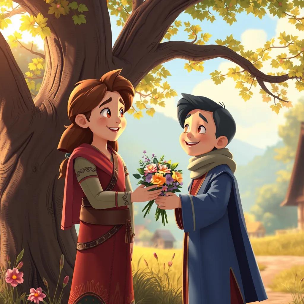 Image of Izdin the first giving Ikrim a bouquet of beautiful flowers, standing by a tree in the village, both smiling, illustration, warm light, romantic mood, high quality