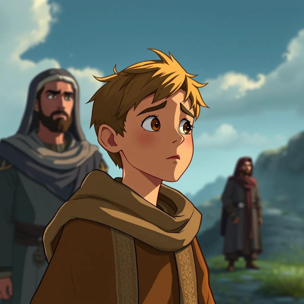 Image of Izdin the second, with short hair in a traditional cloak, watching Ikrim and Izdin the first from a distance, illustration, thoughtful expression, dramatic scene, high quality