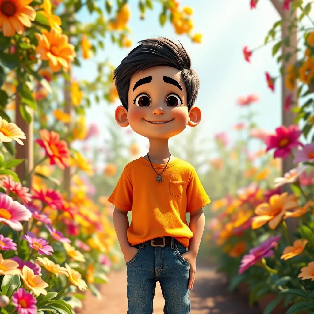 Image of A young Arab boy, Sami, with short black hair, wearing a bright t-shirt and jeans, standing at the entrance of a vibrant flower garden, sunlit, colorful, joyful atmosphere, digital art, detailed, cheerful