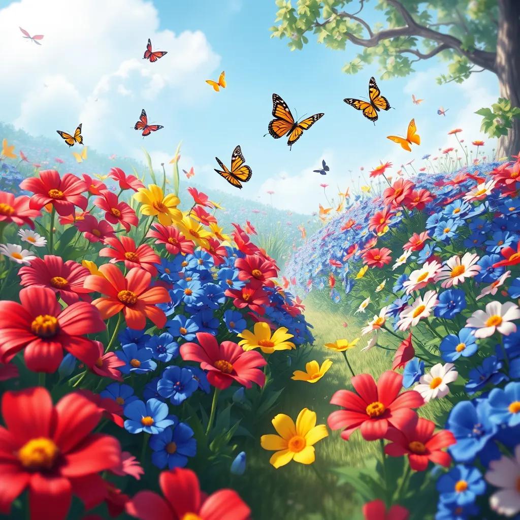 Image of A vibrant garden filled with colorful flowers in shades of red, blue, and yellow, with butterflies flitting around, depicting a magical landscape, digital painting, cheerful, inviting, fantasy