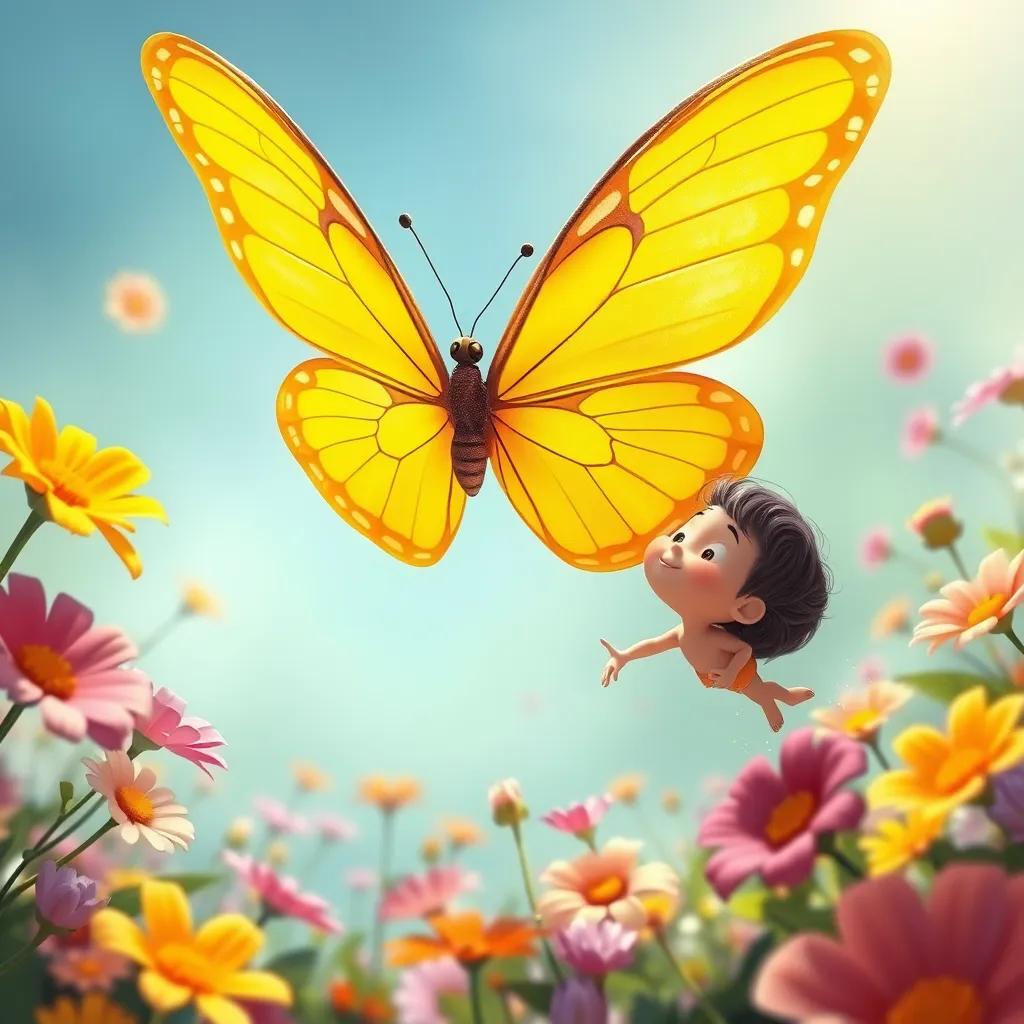 Image of A large yellow butterfly flying beside Sami, with wings spread wide, surrounded by colorful flowers, capturing a moment of wonder, digital illustration, bright, uplifting, whimsical