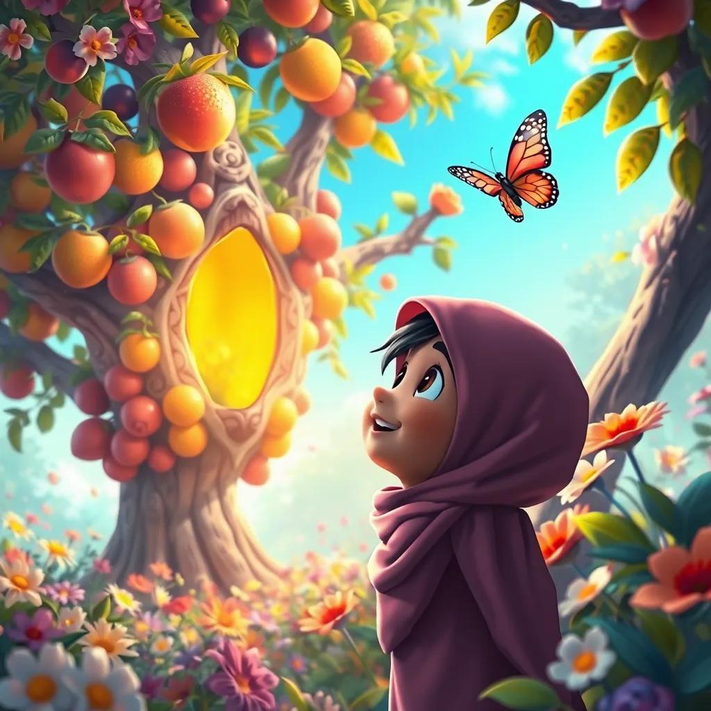 Image of Sami happily looking at a secret place revealed by the butterfly, a big colorful tree with fruits of all colors, surrounded by blooming flowers, bright colors, magical atmosphere, digital art