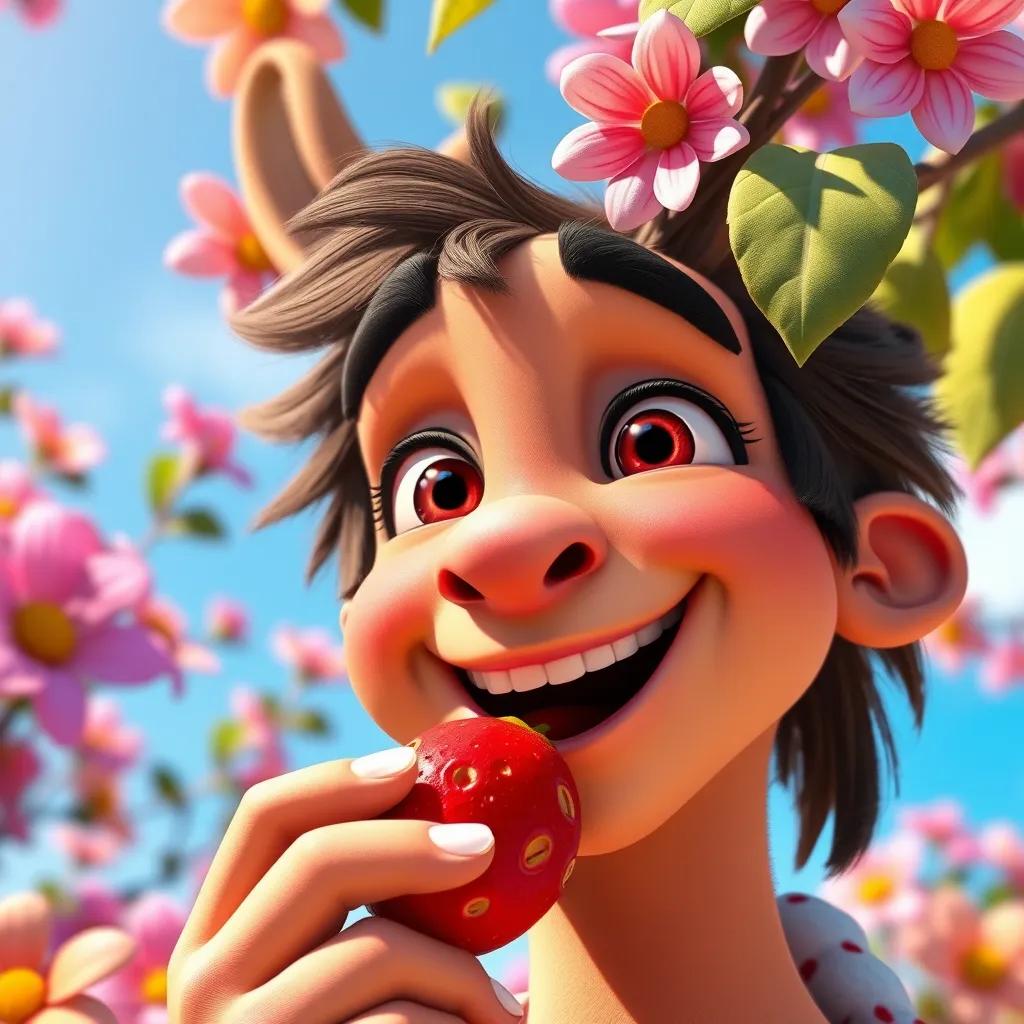 Image of Close-up of Sami tasting a red fruit from the colorful tree, with a big smile on his face, surrounded by blue skies and cheerful flowers, joy and surprise in his eyes, vibrant colors, warm light, delightful vibe