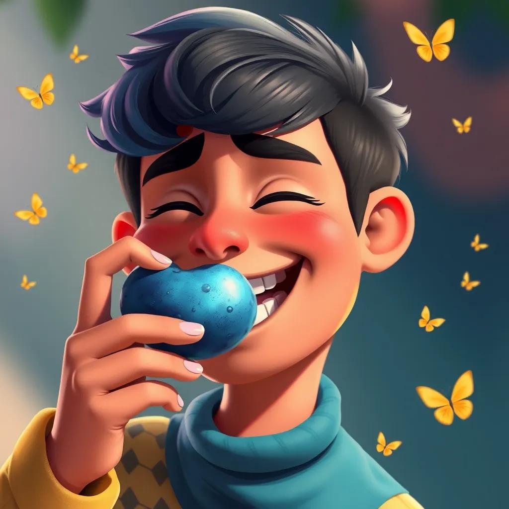 Image of Sami tasting the blue fruit with a joyful expression, tasting it with his eyes closed, tiny butterflies around, evoking happiness and excitement, digital painting, bright colors, whimsical