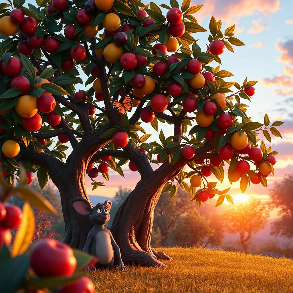 Image of A beautiful scene of the colorful tree with Sami and the butterfly, dusk setting in, warm light illuminating the colorful fruits, a moment of joy and discovery, enchanting style