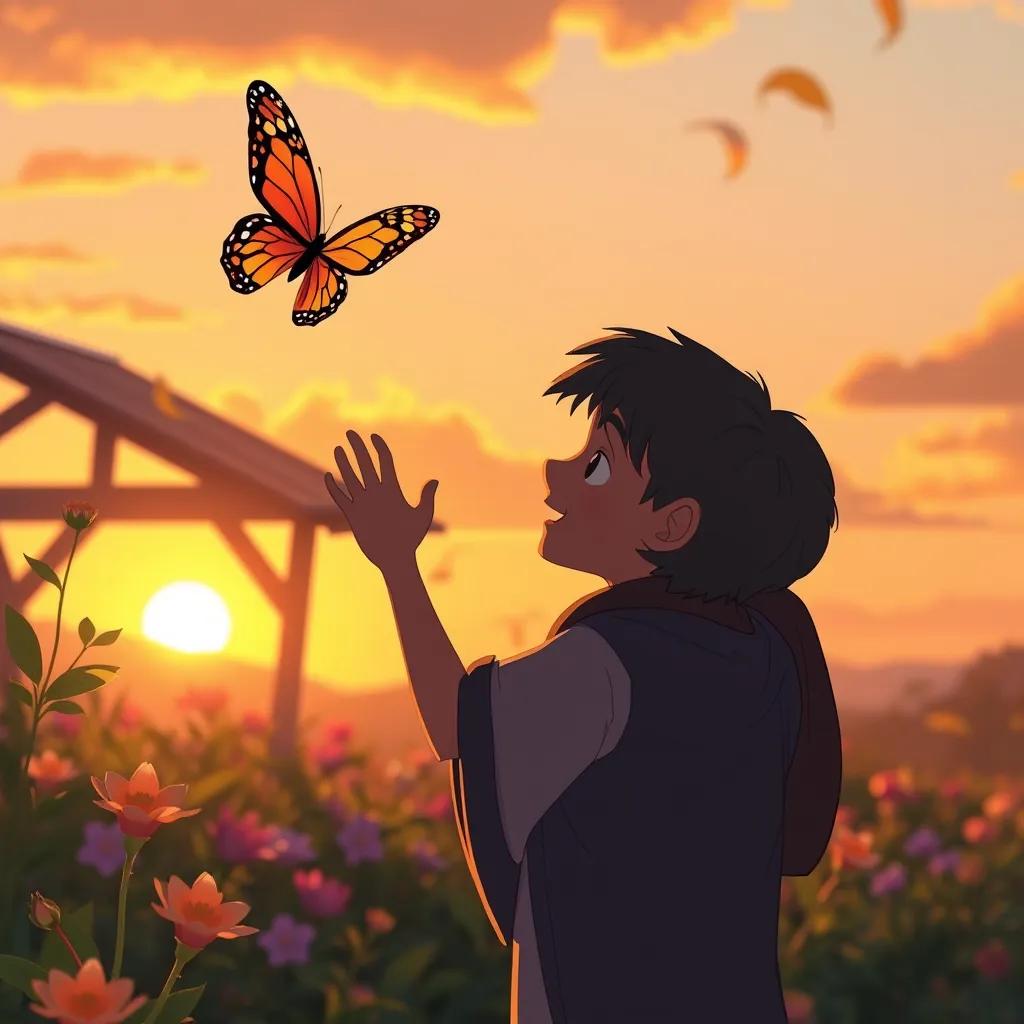 Image of Sami waving goodbye to the butterfly as he leaves the garden, with a sunset in the background, capturing a bittersweet moment, warm lovely colors, inviting atmosphere, enchanting illustration