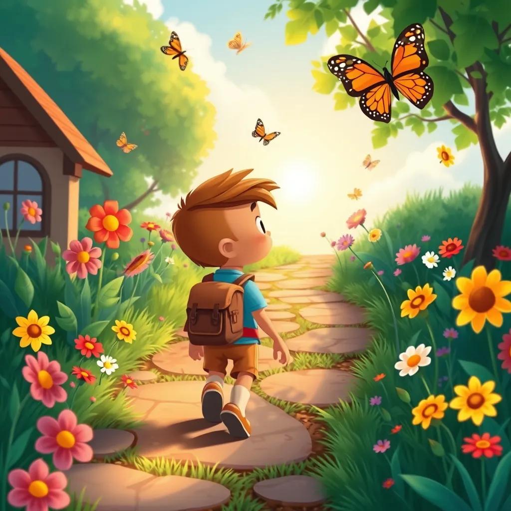 Image of Sami walking down a path back home, reflecting on his adventure with colorful flowers and butterflies around him, whimsical and joyful illustration, bright colors