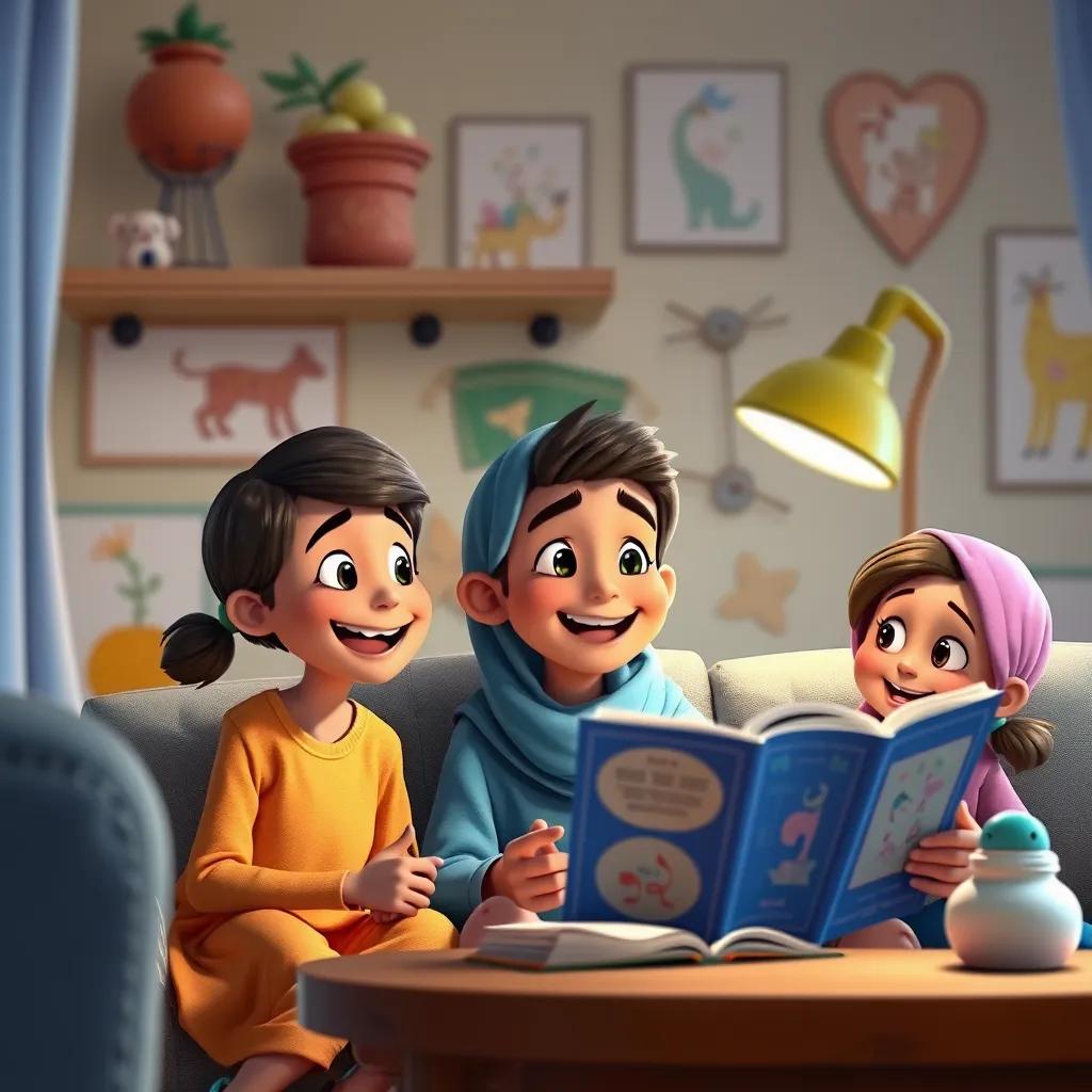 Image of Sami at home sharing his exciting tale with his family, animated and cheerful, colorful drawings in the background, creating a warm-hearted feeling, digital art, vibrant