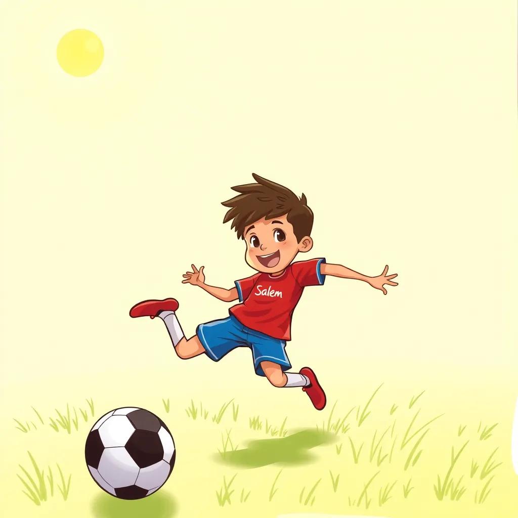 Image of A young boy, Salem, active, wearing a red football jersey and blue shorts, playing football under a bright sun with green grass and a blue sky, joyful atmosphere, digital art, colorful, happy scene, high quality