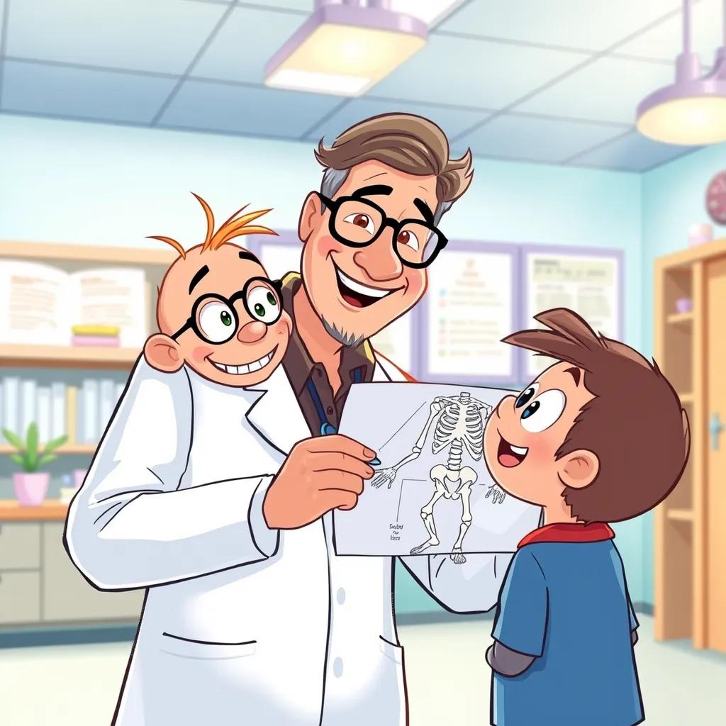 Image of A friendly doctor, mid-40s, wearing a white coat and glasses, showing Salem a skeleton diagram in a bright clinic, informative, educational atmosphere, illustration, cheerful colors, warm light, high quality