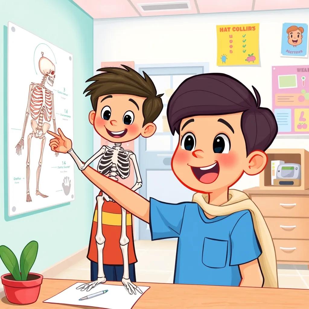 Image of Salem looking excited as he points at a skeleton diagram, with his mother nearby, in a bright medical office with colorful posters, happy scene, child-friendly, vibrant colors, high quality