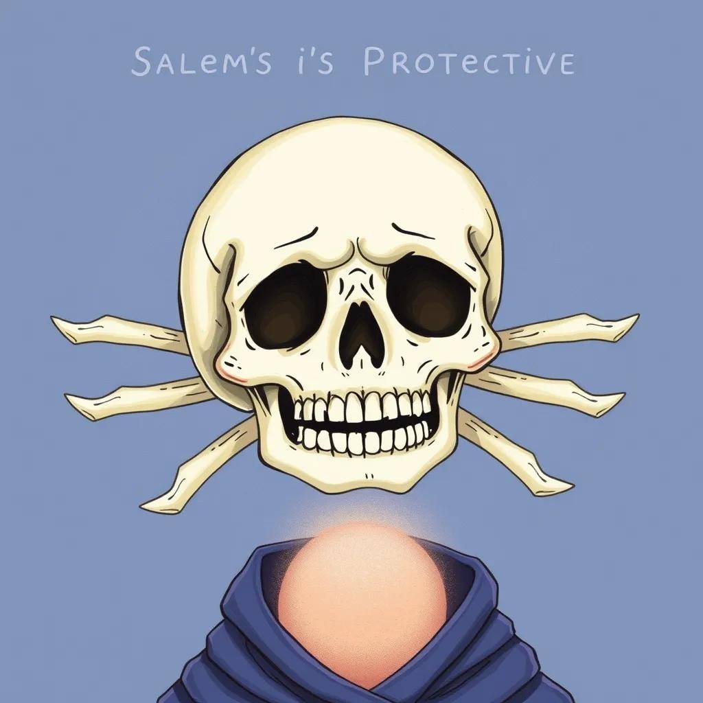 Image of A detailed image of a skull, floating above Salem's head, highlighting its protective role, educational style, illustration, clear features, informative, high quality