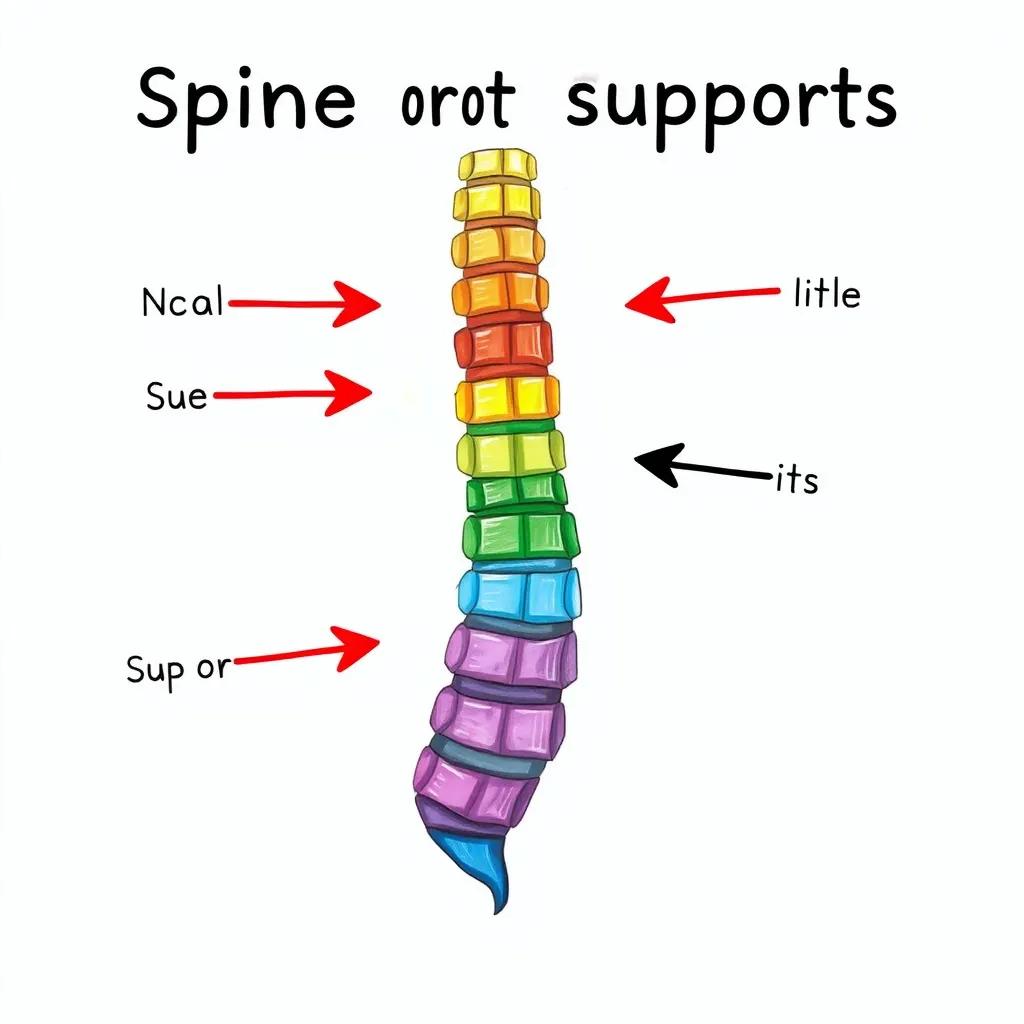 Image of A colorful image of a spine, showing how it supports the body, with arrows indicating support, educational illustration, bright colors, clear details, high quality