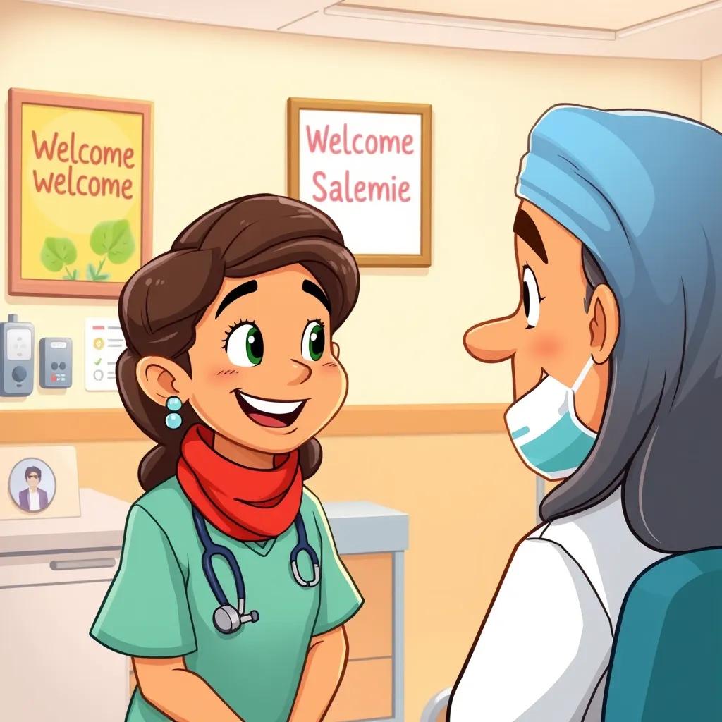 Image of Salem smiling while talking to the doctor, in the clinic, with welcoming posters in the background, warm and friendly atmosphere, illustration, cheerful colors, high quality