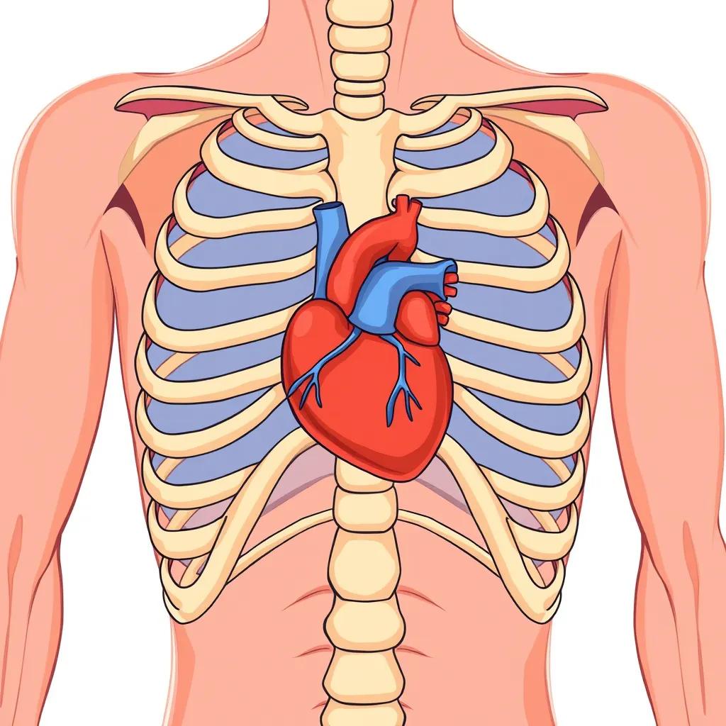 Image of An image of a strong rib cage surrounding the heart and lungs, explanatory style, showing anatomy clearly, bright colors, educational illustration, high quality