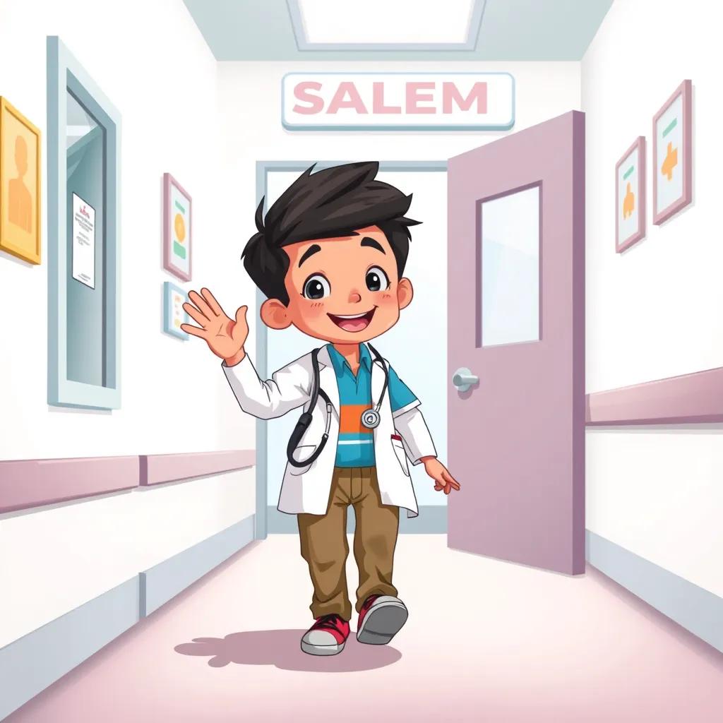 Image of A young boy, Salem, smiling and waving goodbye to the doctor, leaving the clinic with a confident stride, encouraging atmosphere, digital art, colorful and uplifting, high quality