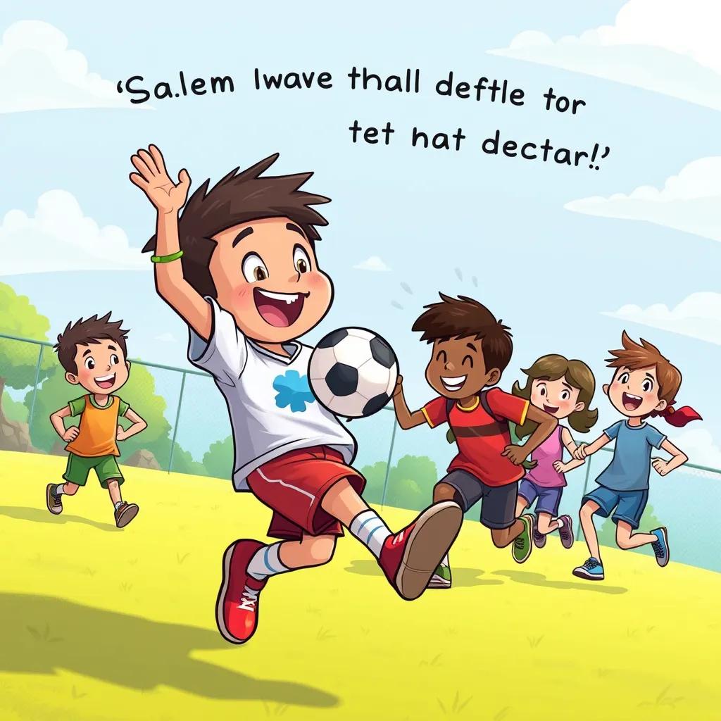 Image of Salem playing football while remembering the doctor’s words, with friends around him, energetic playground scene, joyful moment, bright colors, high quality