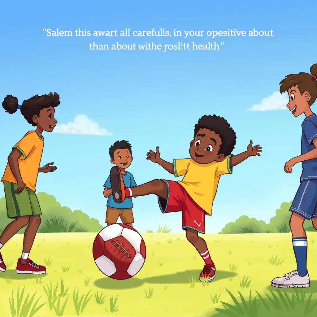 Image of Salem kicking a football with care, looking aware and careful, discussing with friends about health, outdoor scene with grass and blue sky, positive vibes, digital art, vibrant colors, high quality