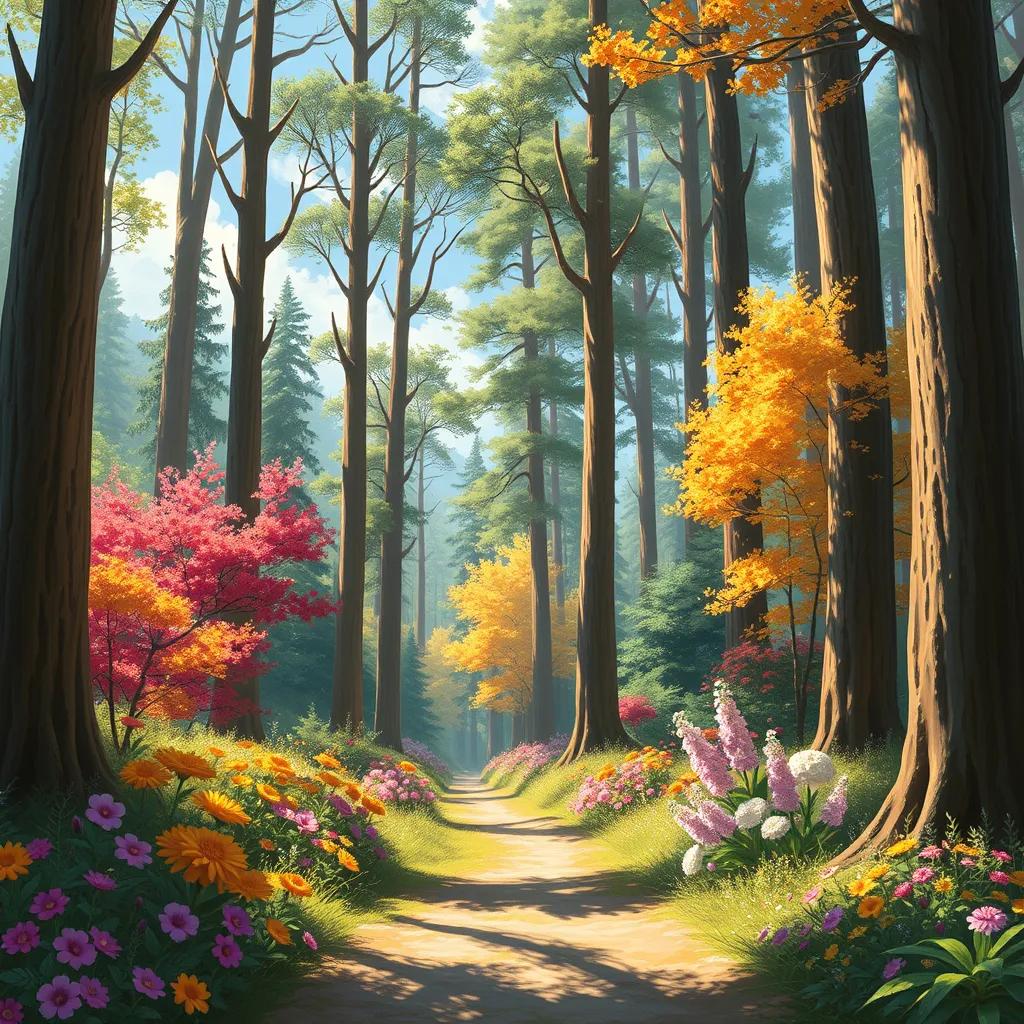 Image of A vibrant forest with tall trees and colorful flowers, depicting a sunny day, digital art, whimsical style, bright colors, inviting and cheerful atmosphere