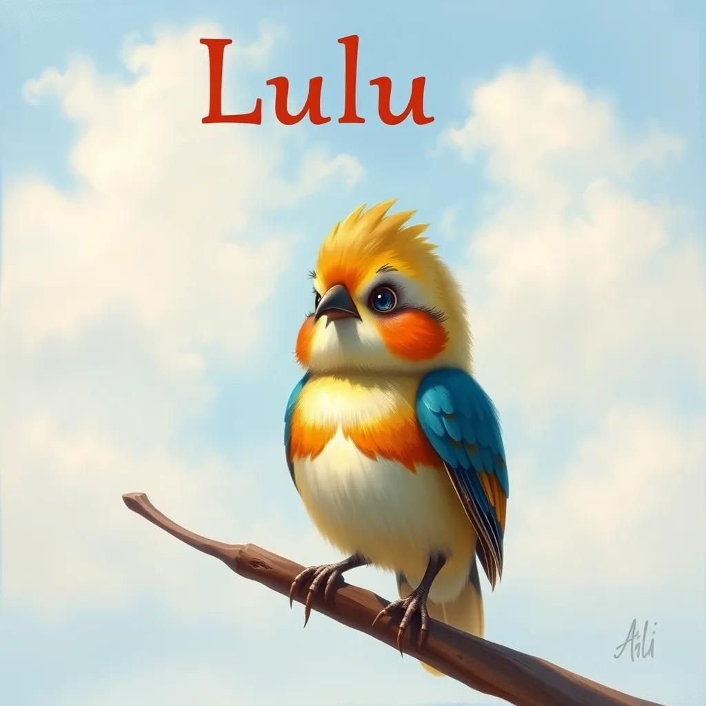 Image of A small bird named Lulu, a cute bird with colorful feathers, looking worried while standing on a branch, with a clear blue sky in the background, child-friendly illustration, detailed and lively