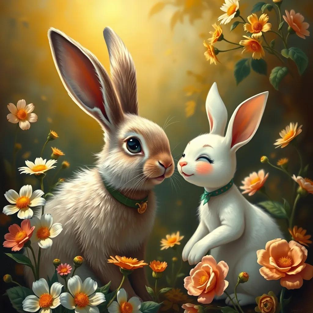 Image of A rabbit named Rami, a fluffy rabbit with big ears, wearing a green collar, talking to Lulu with friendly expression, surrounded by bright flowers, warm lighting, joyful scene