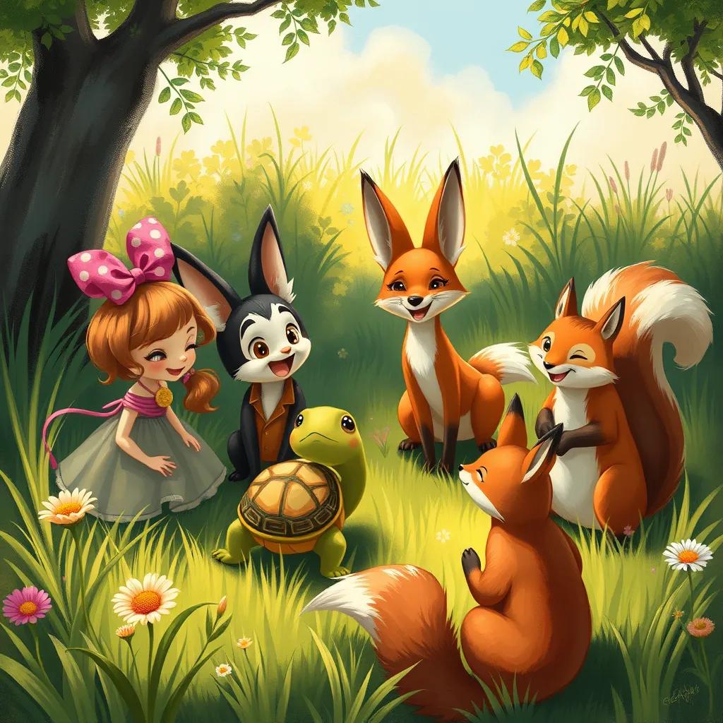 Image of A gathering in the green grass where Lulu, Rami, Sarah the turtle, Foxy the fox, and Saso the squirrel are meeting; everyone looks excited and cheerful, sunny atmosphere, cartoonish style