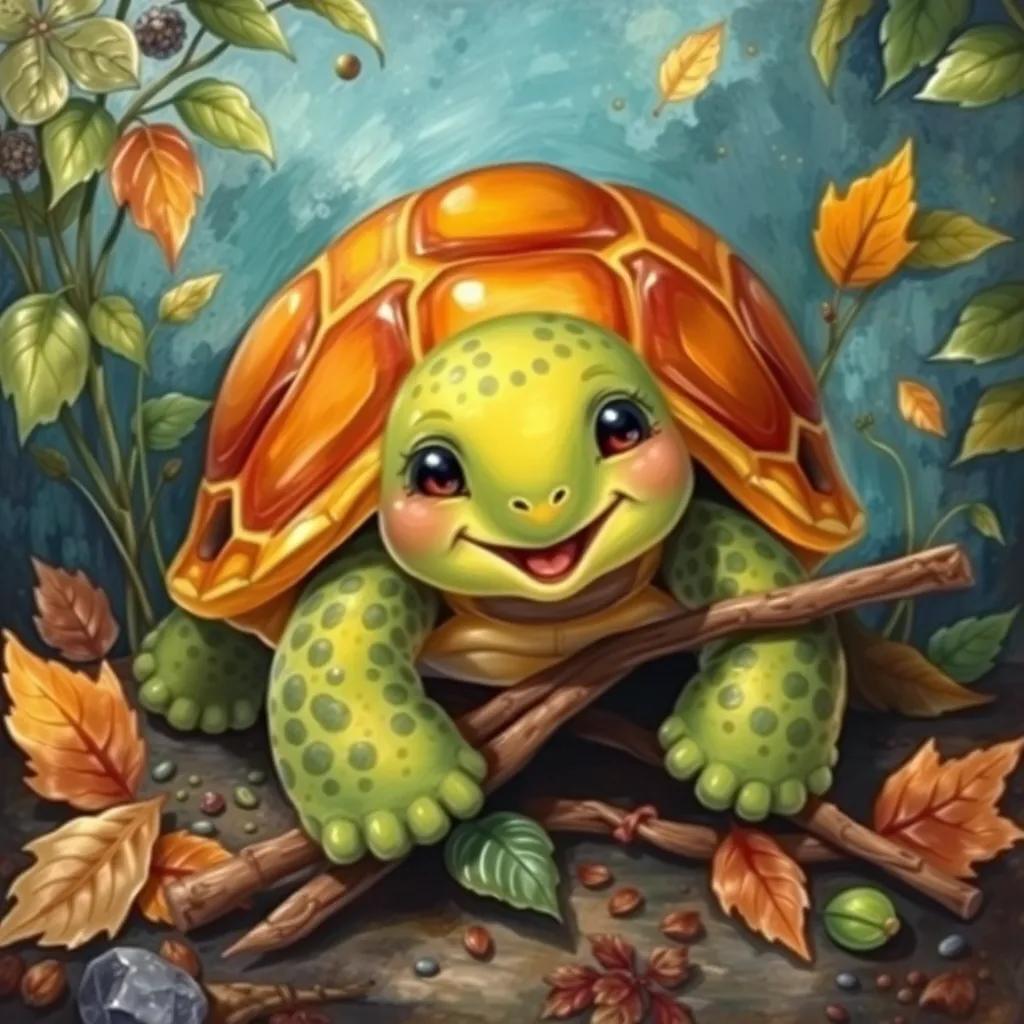 Image of A turtle named Sarah, an adorable turtle with a patterned shell, gathering sticks and leaves, with a cheerful smile, surrounded by nature, vibrant colors, friendly scene