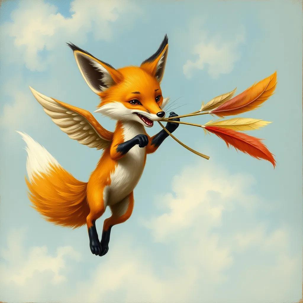 Image of A fox named Foxy, a sly-looking fox with orange fur, flying in the air holding colorful feathers in his mouth, playful expression, against a clear sky background, whimsical theme