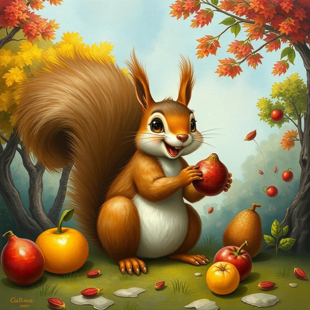 Image of A squirrel named Saso, a playful squirrel with bushy tail, happily bringing fruits and nuts to the gathering, colorful trees in the background, fun and lively