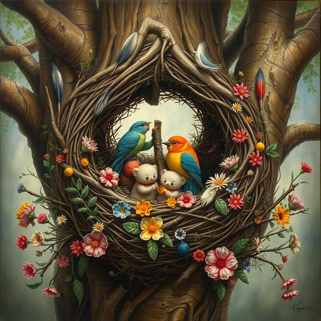 Image of A beautiful nest built in a tree, decorated with sticks, colorful flowers, and feathers, symbolizing friendship and teamwork, magical atmosphere, delightful details