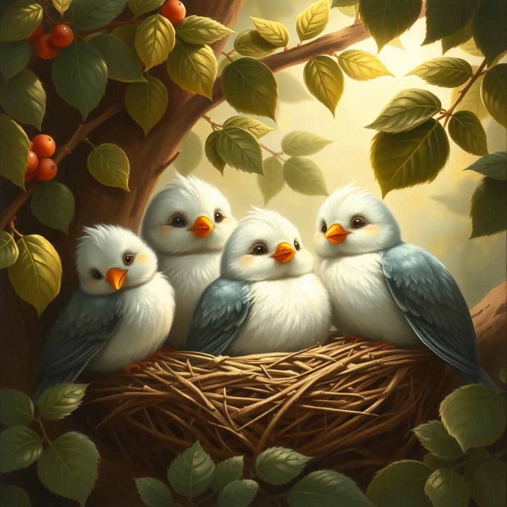 Image of Lulu, the small bird, resting in the nest, surrounded by his friends, all looking cheerful and proud, with sun shining through leaves, heartwarming scene