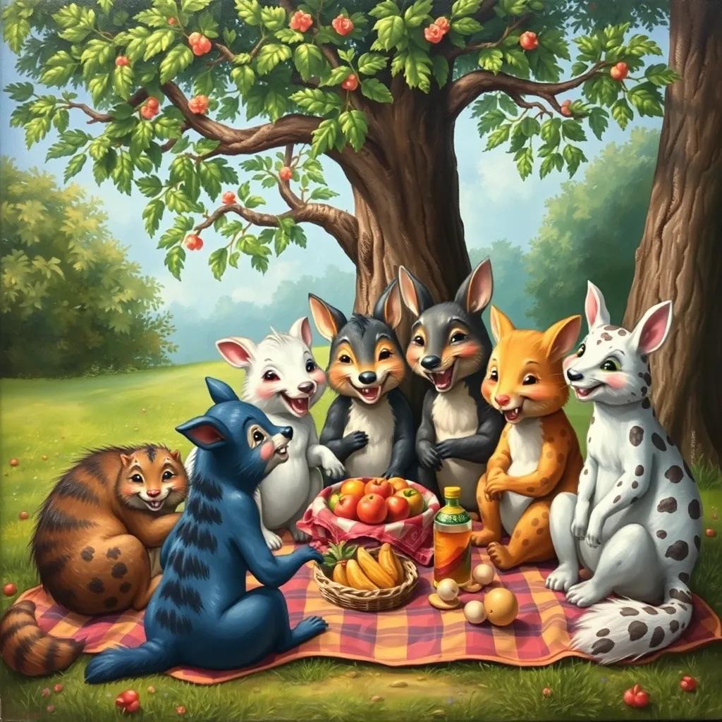 Image of A group of happy animal friends celebrating their teamwork with a small picnic under the tree, colorful picnic blanket, joyful interaction, bright and cheerful atmosphere