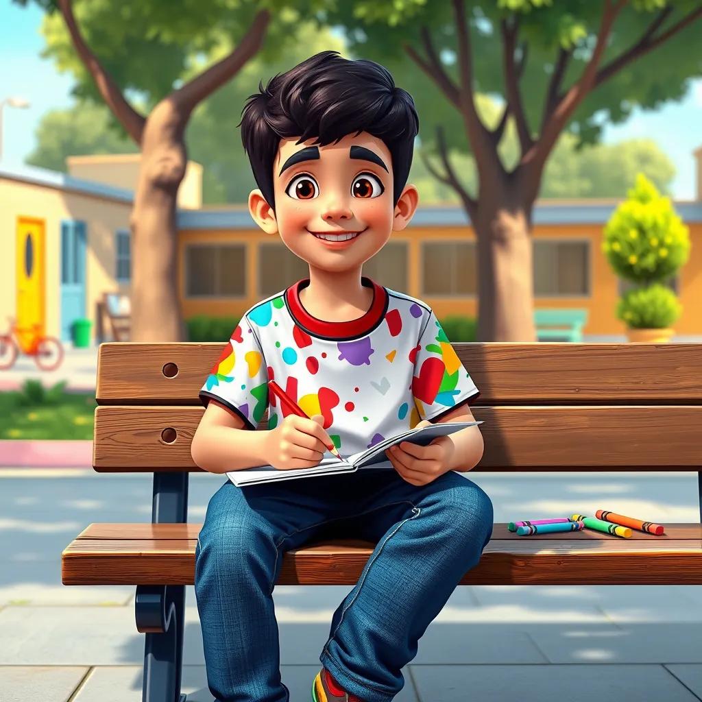 Image of A young Arab boy, Sami, with short black hair, wearing a colorful T-shirt and jeans, sitting on a bench in a schoolyard, drawing with colorful crayons, cheerful atmosphere, digital art, vibrant colors, playful scene, high quality.