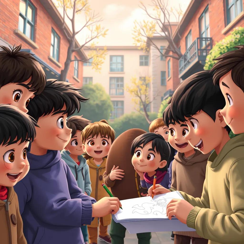 Image of A group of children in a schoolyard, all looking at Sami while he is drawing, some with cheerful faces, digital illustration, warm tones, lively environment, engaging perspective, high quality.